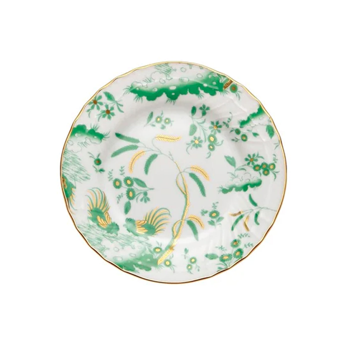 Top view of Oro Di Doccia bread plate showcasing green floral and rooster pattern with gold rim on white background