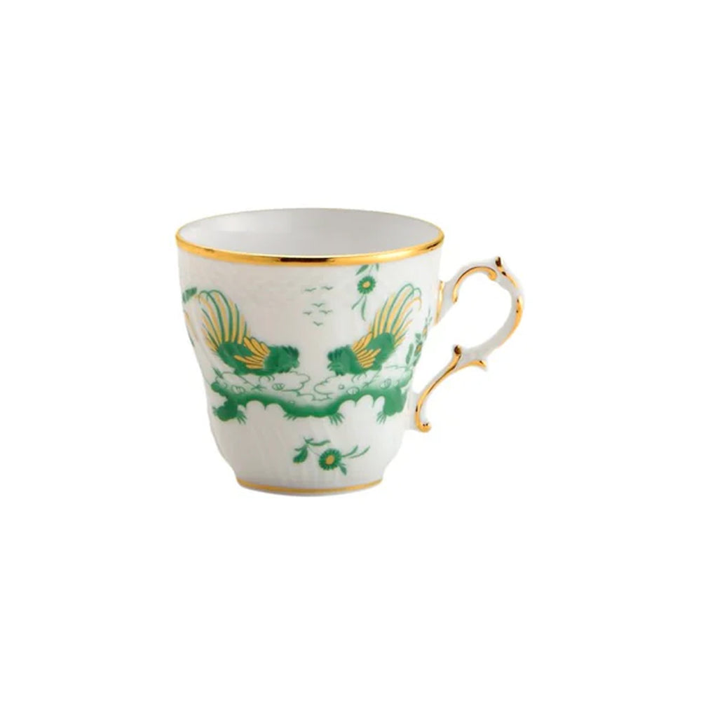 Front view of Oro Di Doccia coffee cup showcasing green rooster and floral motif with gold rim and handle on white background