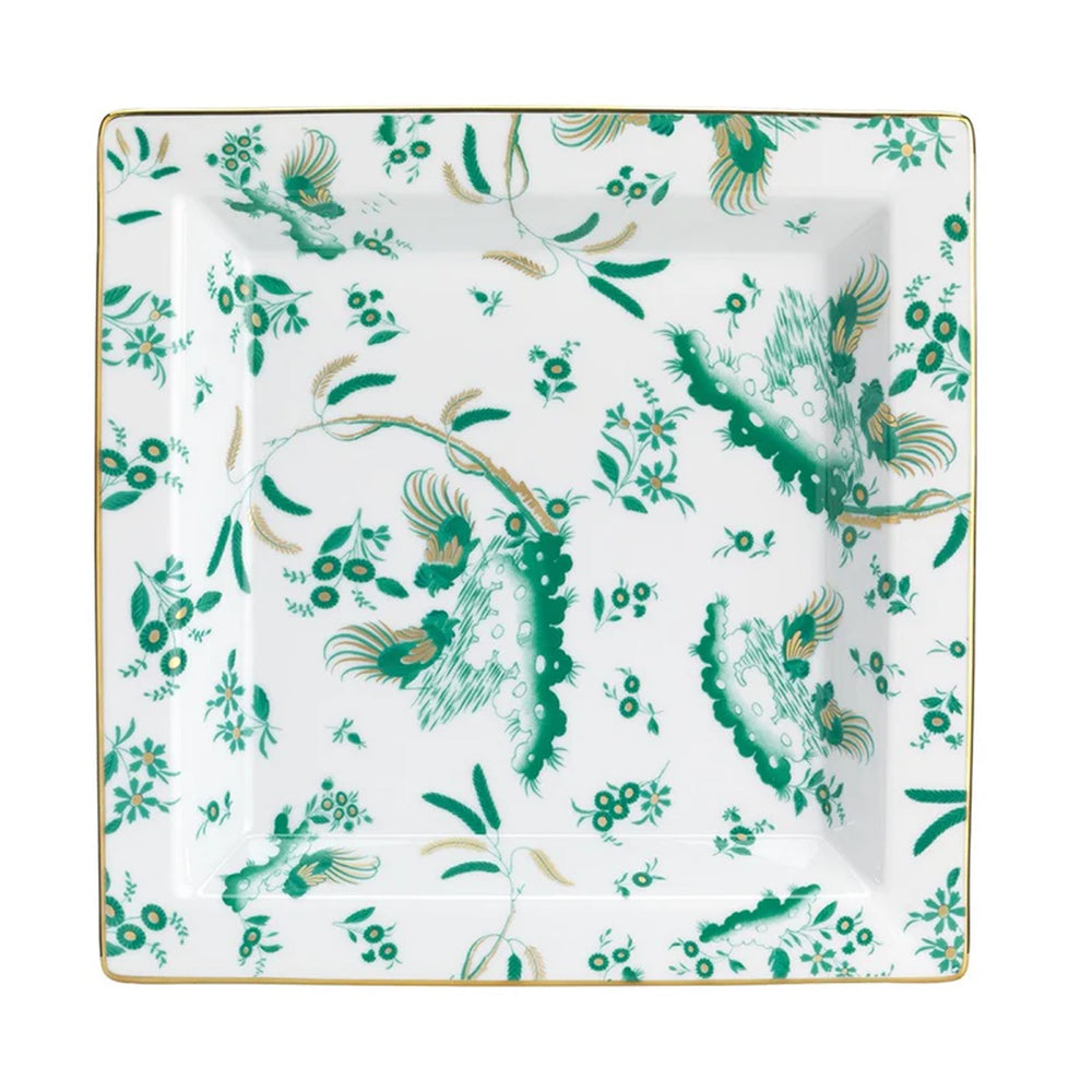 Top view of Oro Di Doccia large square vide-poche showcasing green floral and rooster pattern with gold rim on porcelain