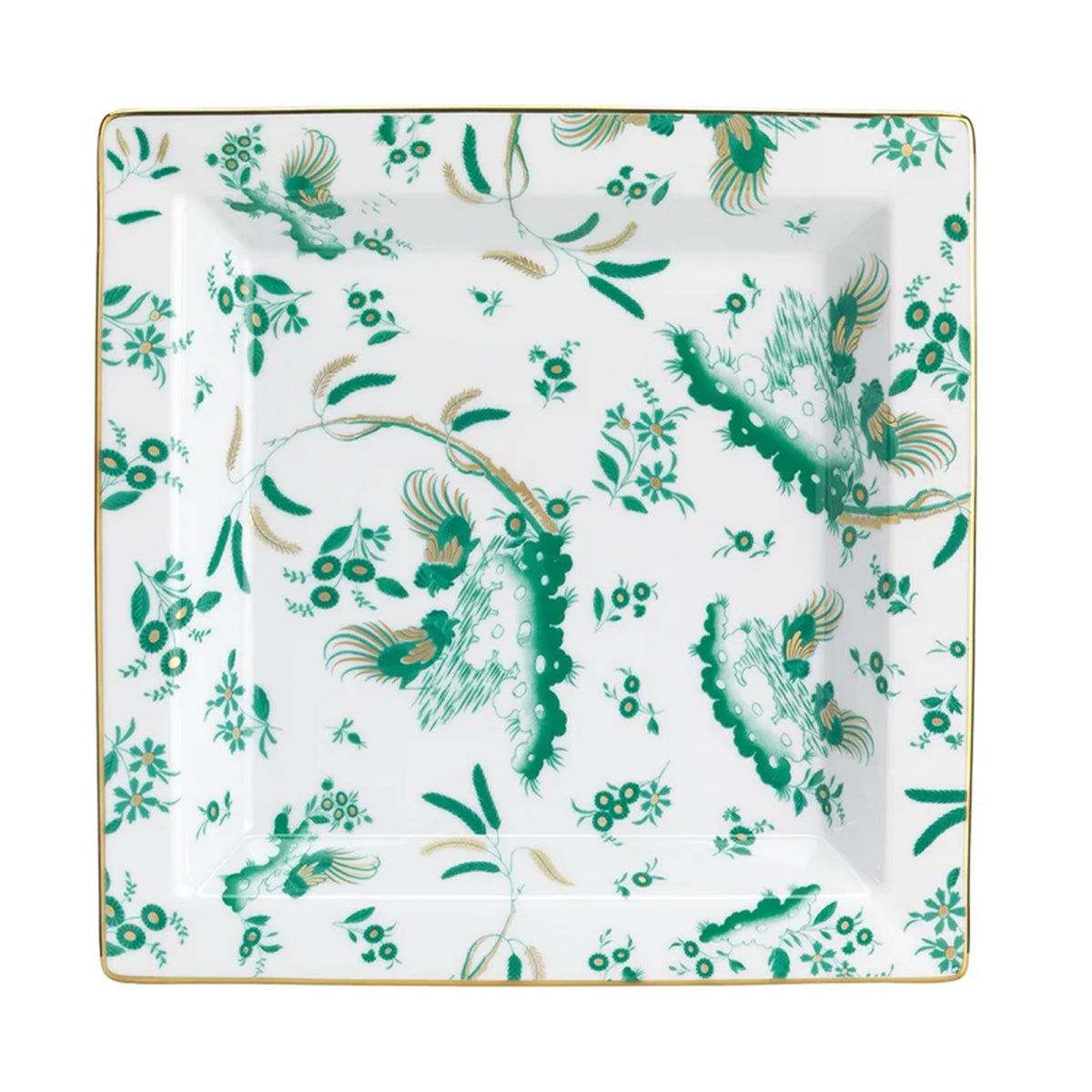 Top view of Oro Di Doccia large square vide-poche showcasing green floral and rooster pattern with gold rim on porcelain