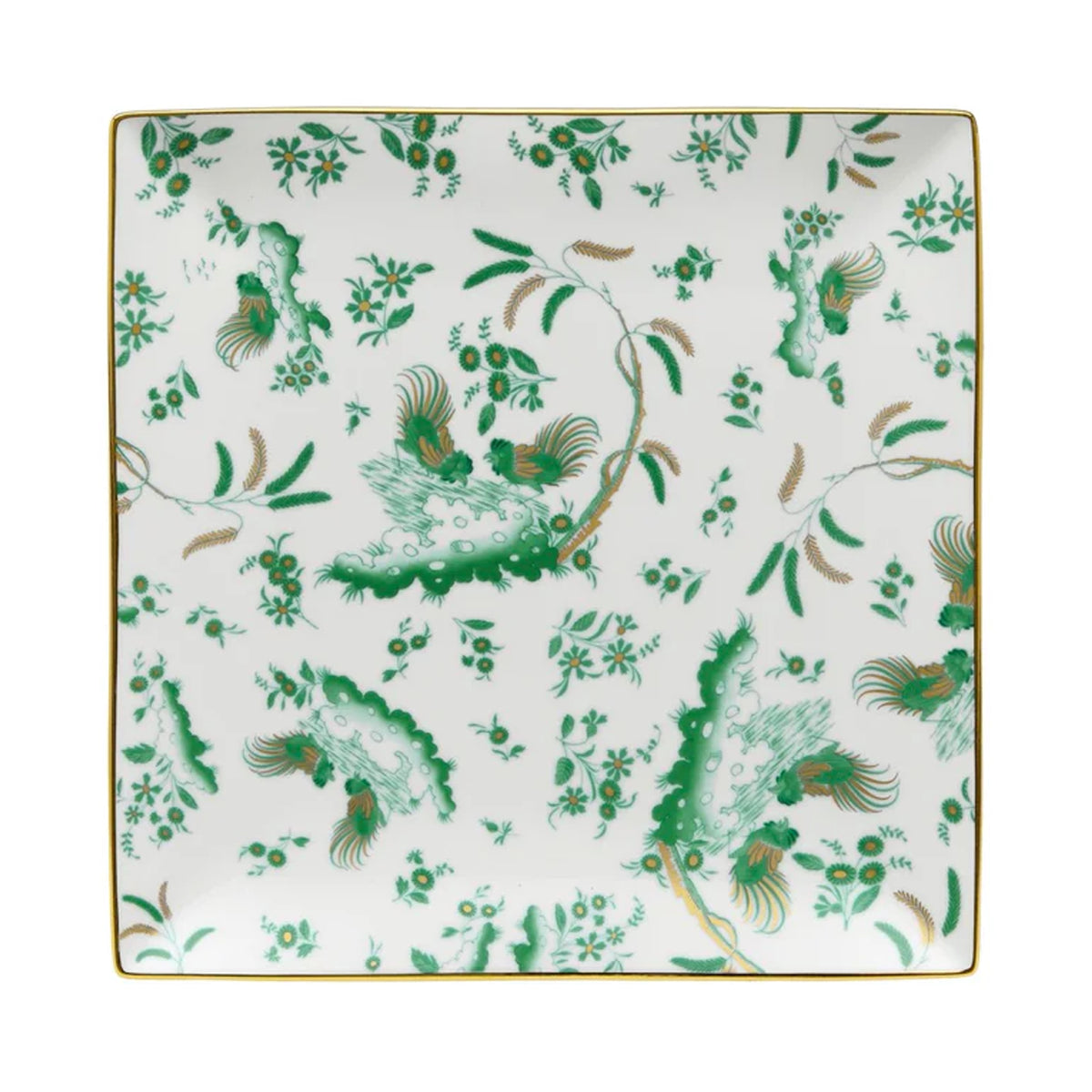 Top view of Oro Di Doccia large squared vide-poche plate with green rooster-and-floral pattern and gold rim on white background