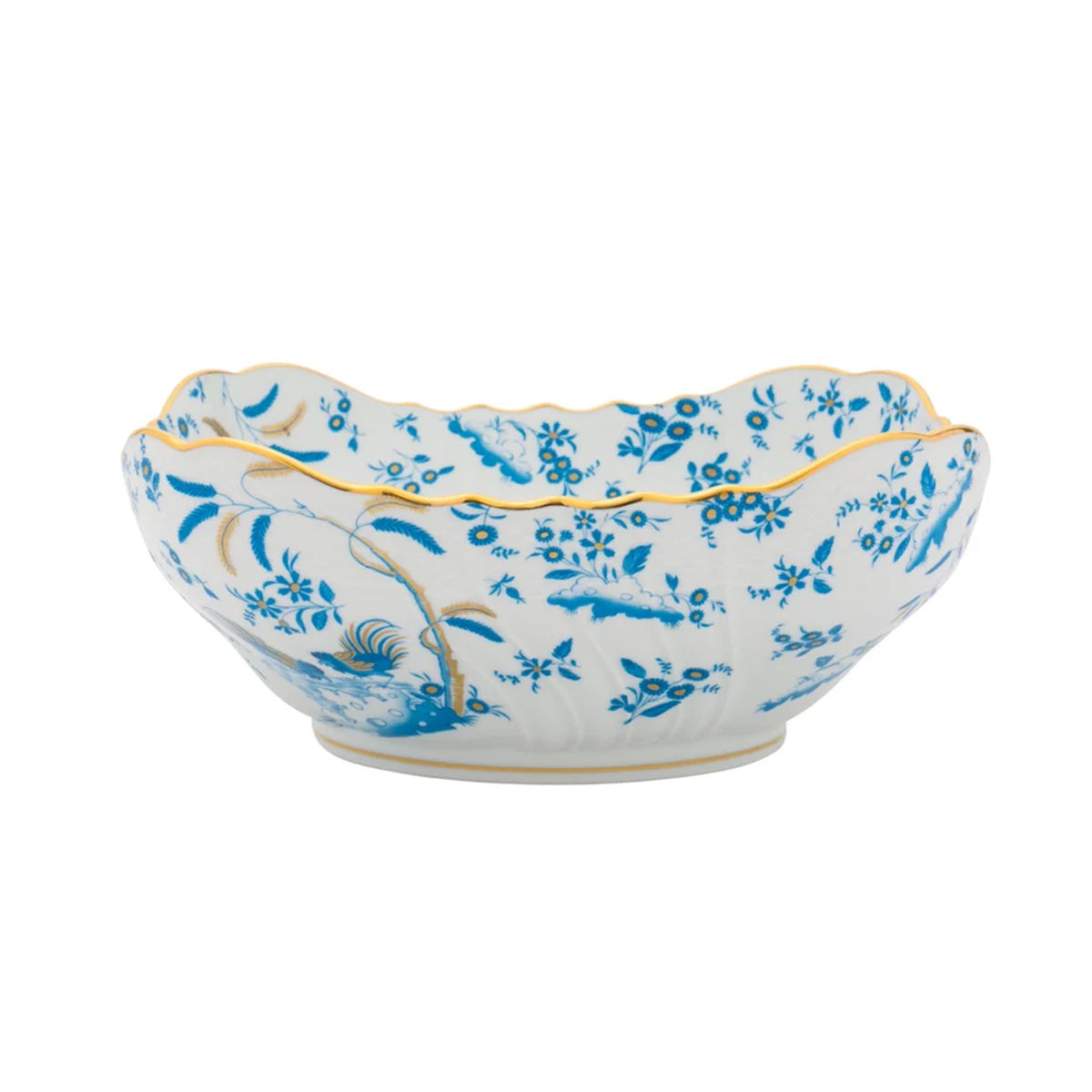 Side view of Oro Di Doccia squared salad bowl showcasing blue floral pattern and gold scalloped rim on white background