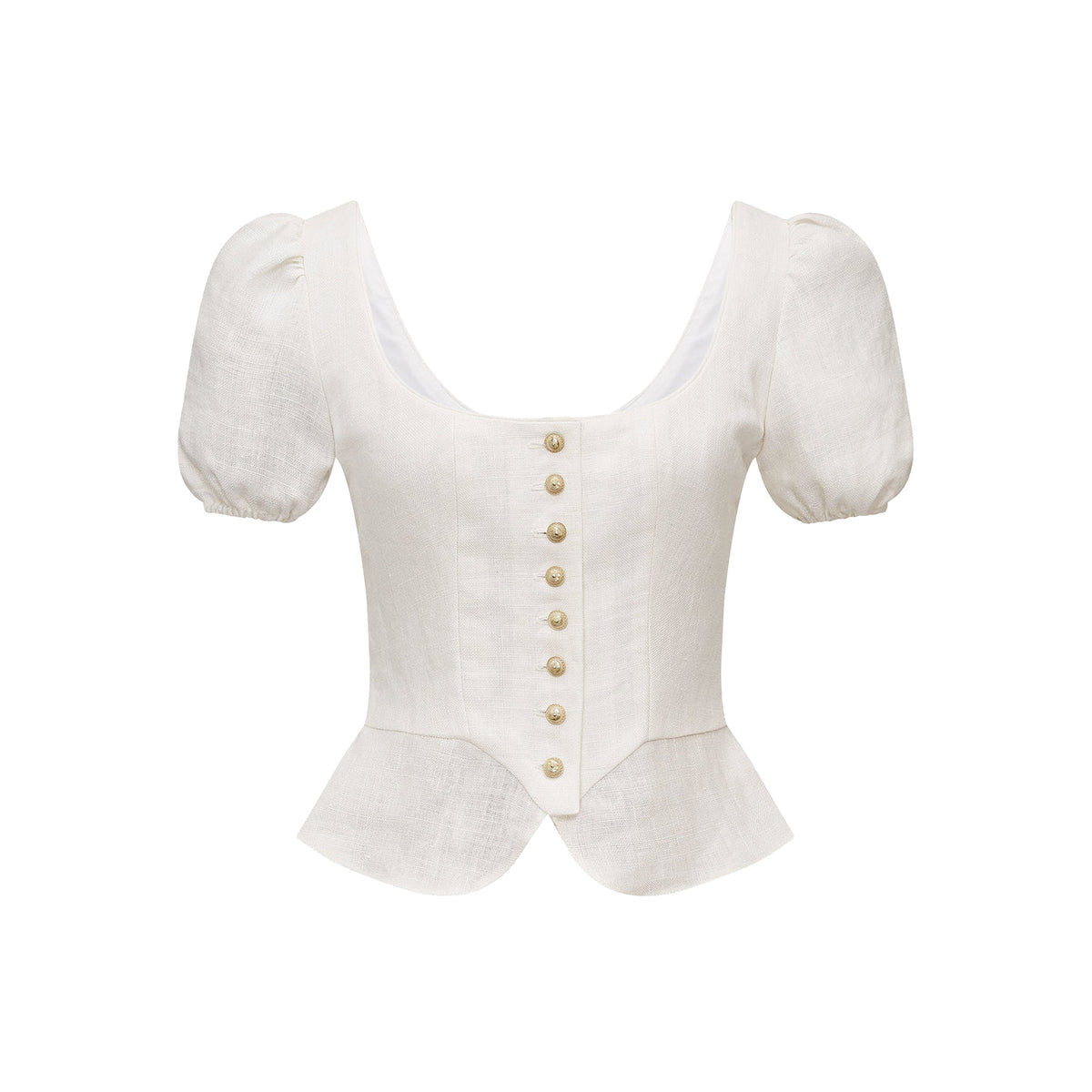 Front view of Ottilie Bodice in ivory showcasing scoop neckline, puff sleeves, brass button front and peplum hem on white background