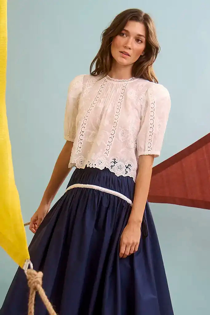 The Ouisie Top paired with Allegra Skirt in Deep Sea. 
