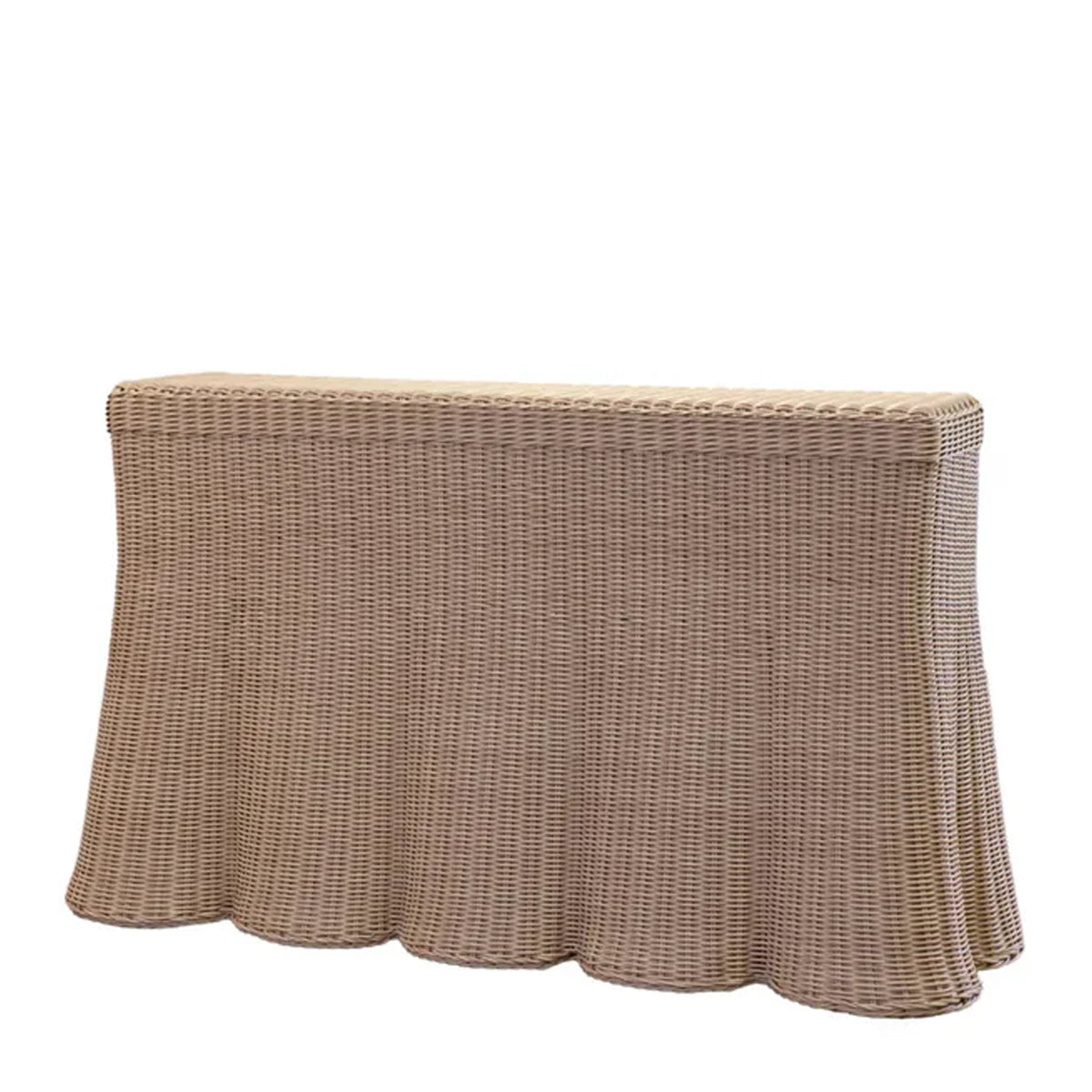 Front view of Outdoor Scallop Console 48-inch showcasing scalloped woven synthetic rattan base in natural tan on white background
