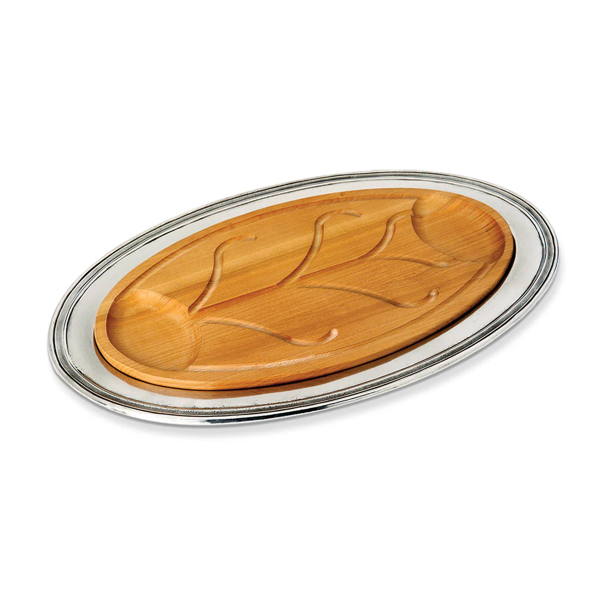Angled view of Oval Carving Platter with Insert showcasing its pewter tray and cherry wood carving insert against a white background