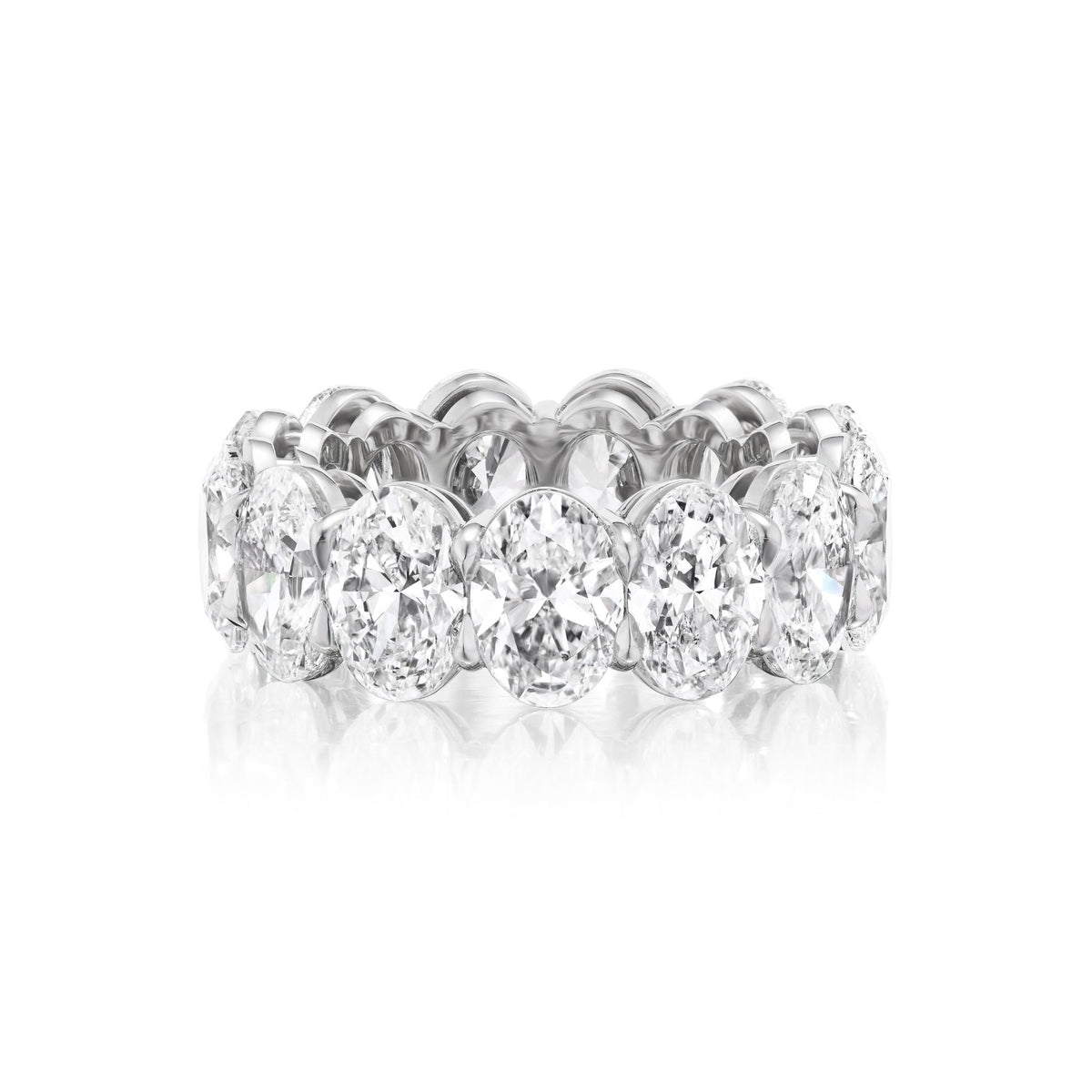 The Oval Diamond Platinum Eternity Band, featuring oval-cut diamonds set all around in platinum, makes an elegant choice for bridal or celebration rings and is shown on a white background.