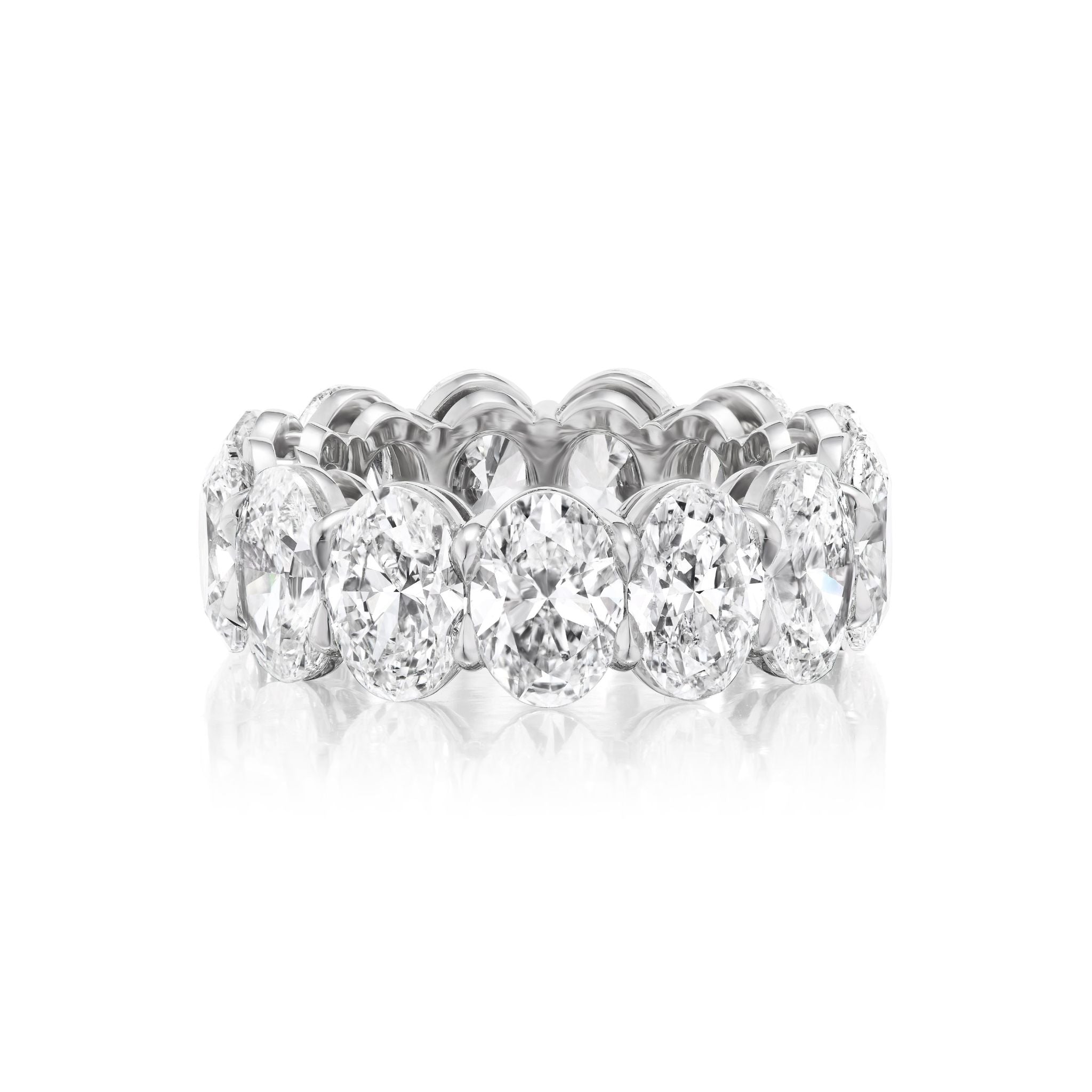 The Oval Diamond Platinum Eternity Band, featuring oval-cut diamonds set all around in platinum, makes an elegant choice for bridal or celebration rings and is shown on a white background.