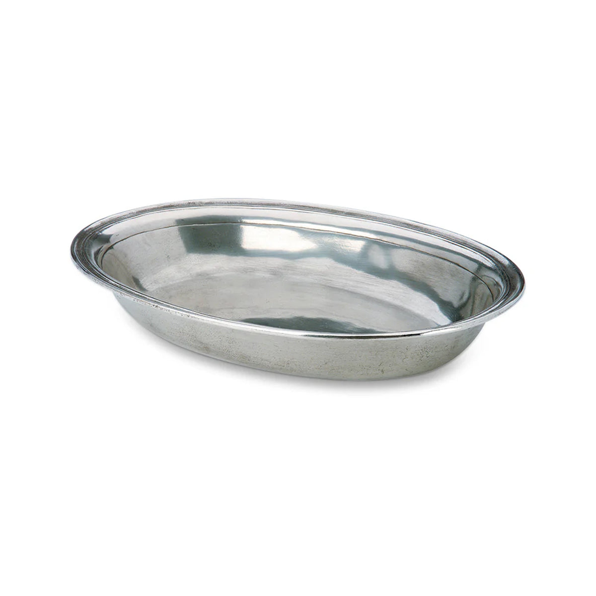 Angled view of the Oval Serving Bowl showcasing its oval pewter design with a white background