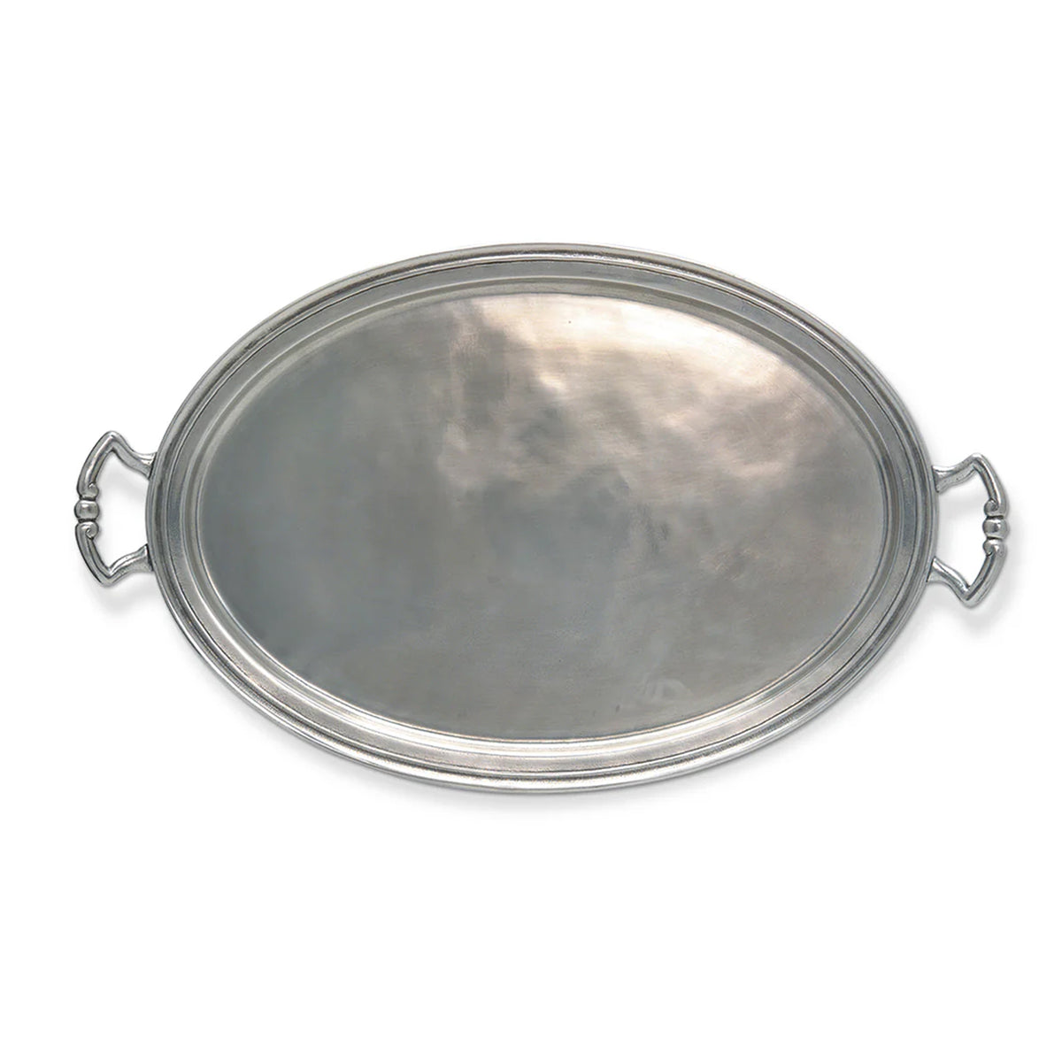 Top view of Oval Tray with Handles X Large showcasing raised rim and ornate handles against a white background
