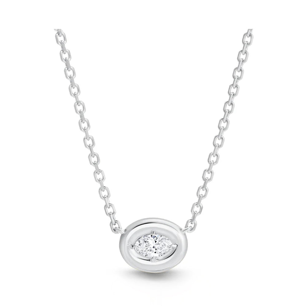Front view of Ovalis Necklace showcasing an oval-cut diamond set in a puffy bezel on a white gold chain against a white background