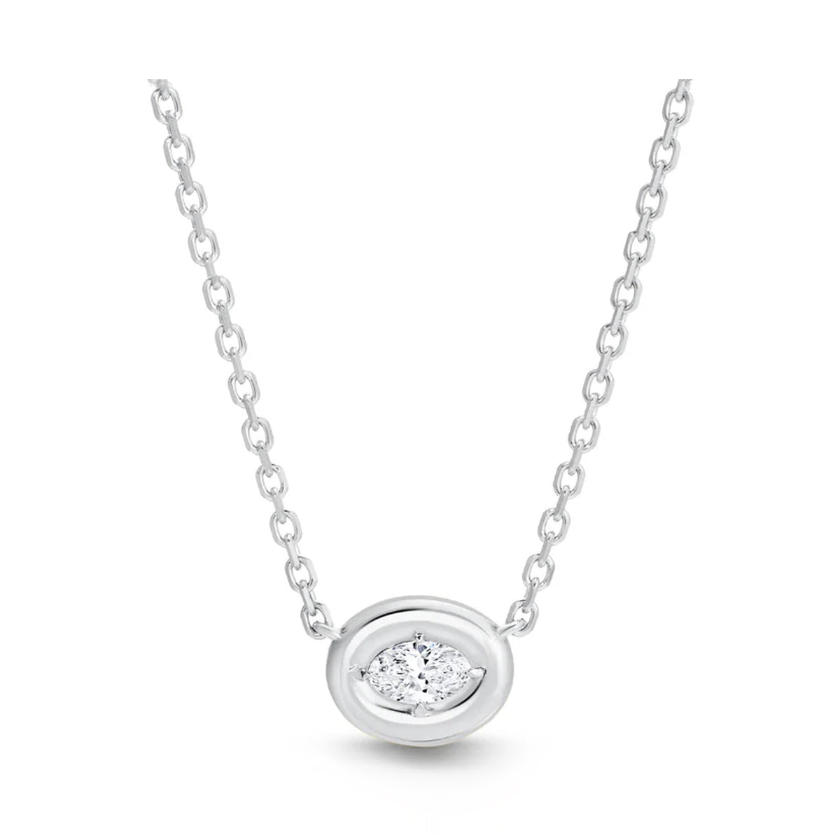 Front view of Ovalis Necklace showcasing an oval-cut diamond set in a puffy bezel on a white gold chain against a white background