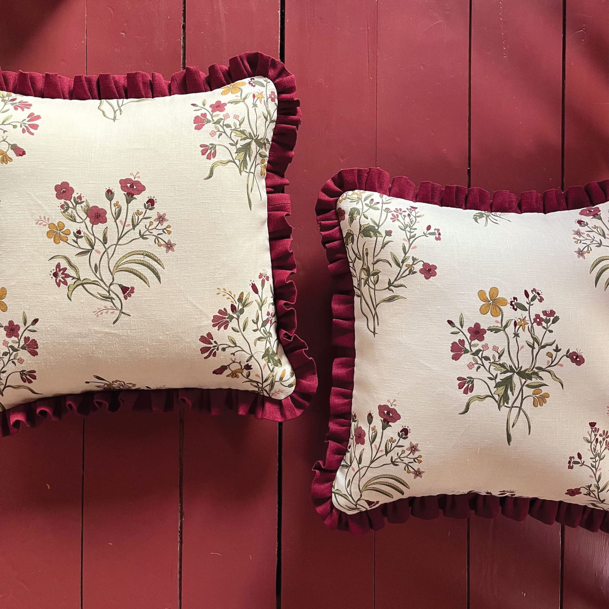 Flax & field flower print cushion with marsala frill