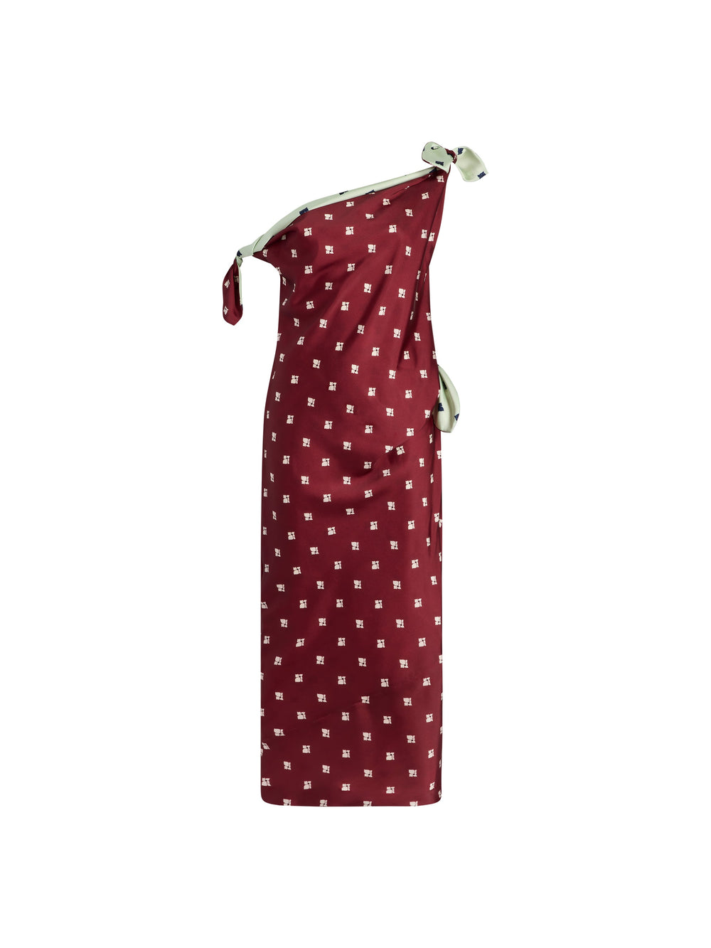 Front of Floral Tabard Tie Dress showing one-shoulder tie, red floral print and ecru contrast lining on white background