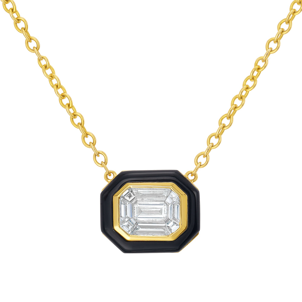 Close-up of Black Velvet Diamond pendant showing mixed diamonds forming an emerald-cut in black agate with 18K yellow gold