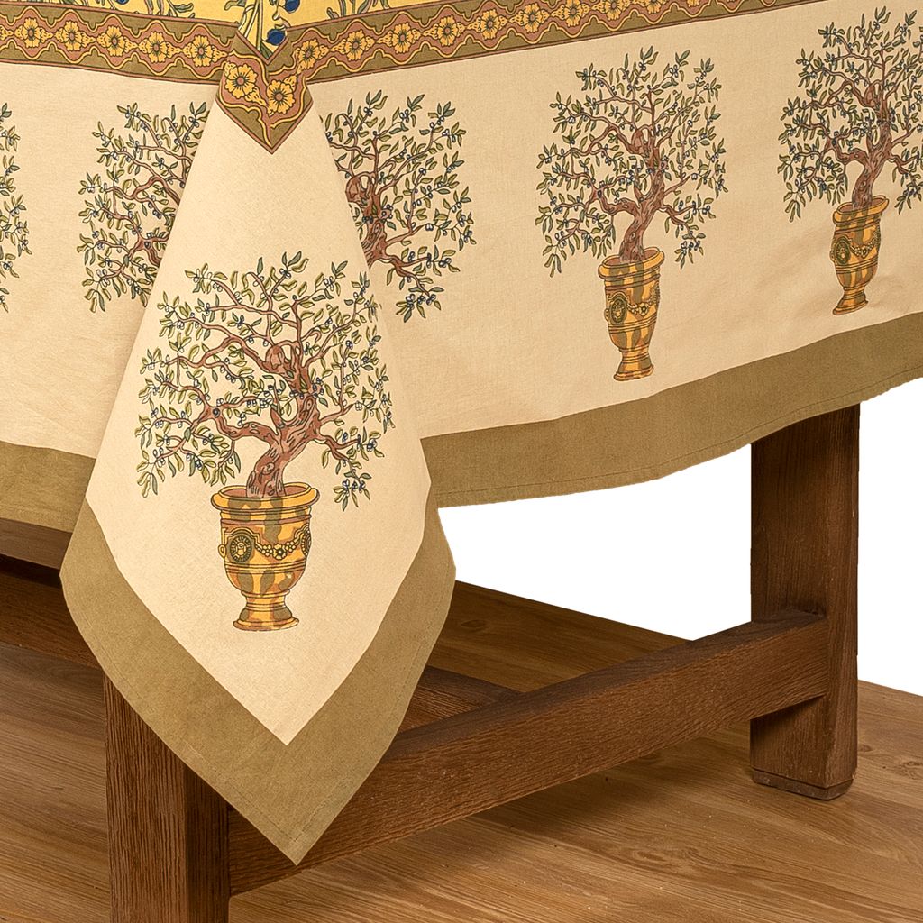 Olive Tree Tablecloth in Khaki & Blue