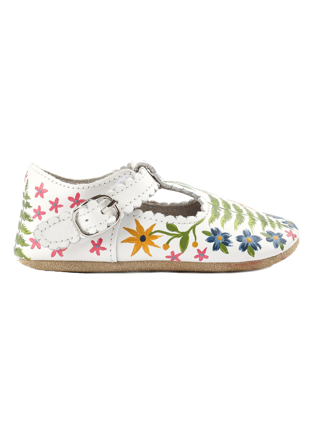 Wildflower Hand-Painted on White Scallop Baby Shoes