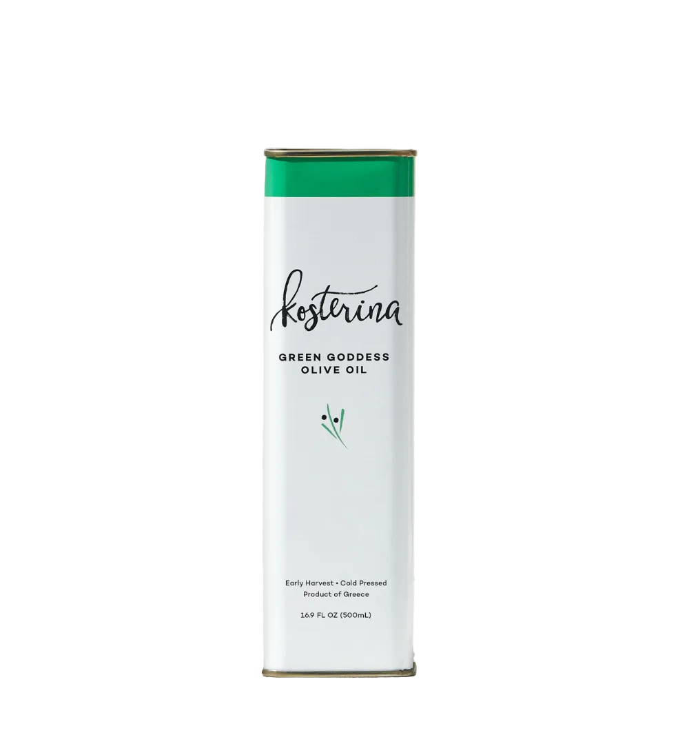 Front view of Kosterina Green Goddess Olive Oil 16.9 fl oz tin showcasing white label and green top on white background