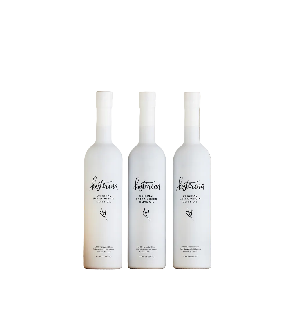 Front view of three Kosterina Original Extra Virgin Olive Oil bottles showcasing white matte finish and label text on a white background