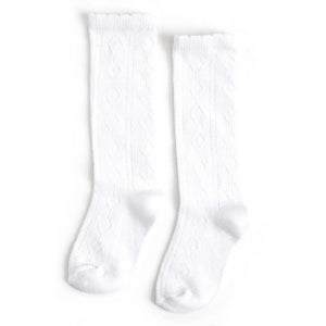 White Scalloped Diamond Knee Socks for girls and toddlers, classic knit knee-high socks to coordinate with Henry Duvall’s Fall Collection