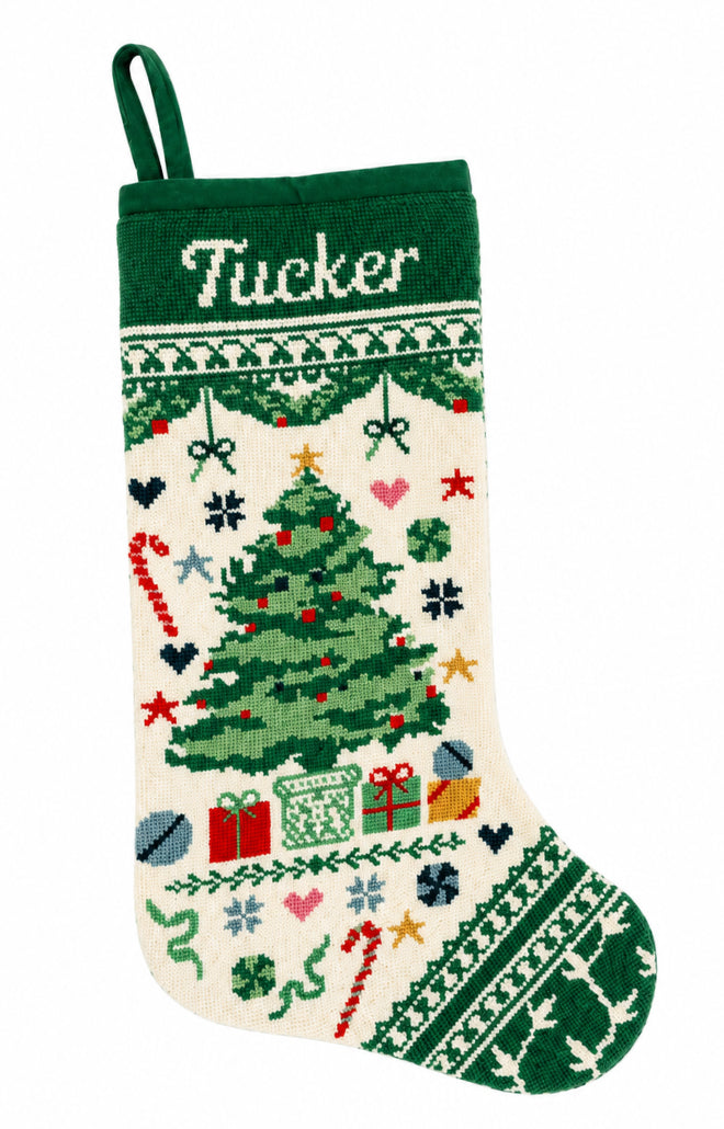 Needlepoint Christmas Tree Stocking in Forest Green