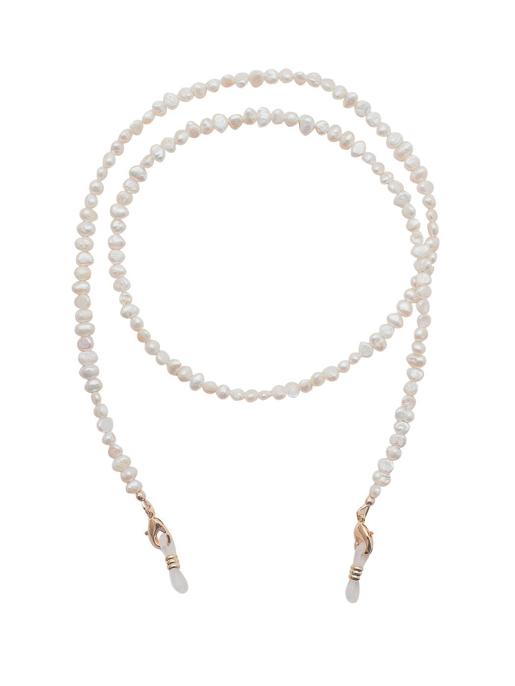 Top view of pearl sunglass chain with freshwater pearls, gold lobster clasps, and rubber strap holders on white background