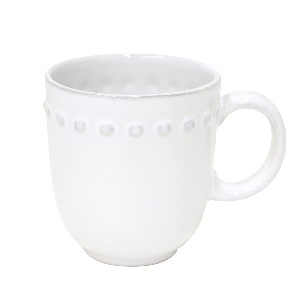 Front-right view of Pearl Collection white stoneware mug showcasing embossed beaded rim and glossy glaze on white background