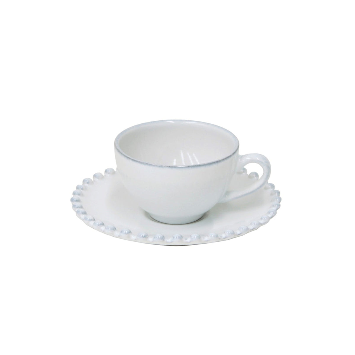 Front view of Pearl Collection white coffee cup and saucer showcasing beaded edge detailing and glossy glaze on plain white background
