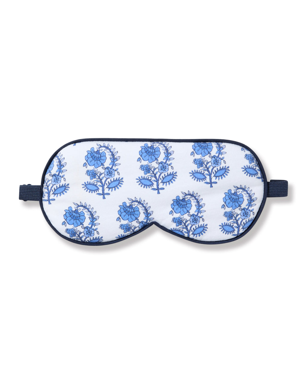 The Petite Plume Adults Pima Sleep Mask in Bristol Bay features blue and white graphic florals with a dark blue elastic strap, ideal for monogrammed gifting.