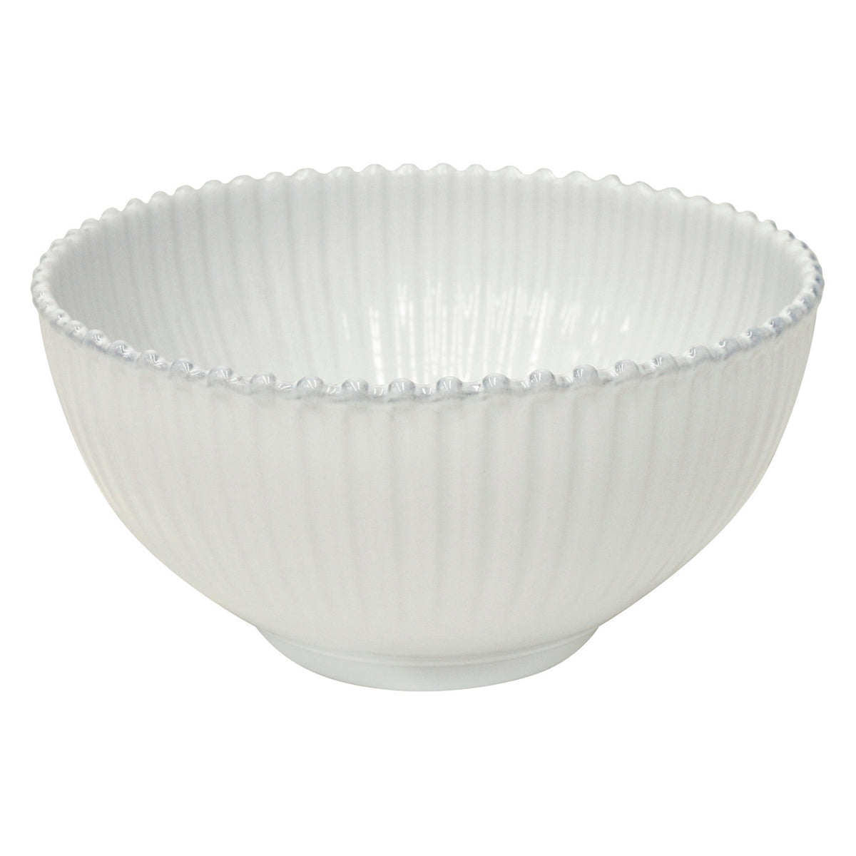 Front view of Pearl Collection Serving Bowl 11-inch in White showcasing embossed beaded edge and glossy glaze on a white background