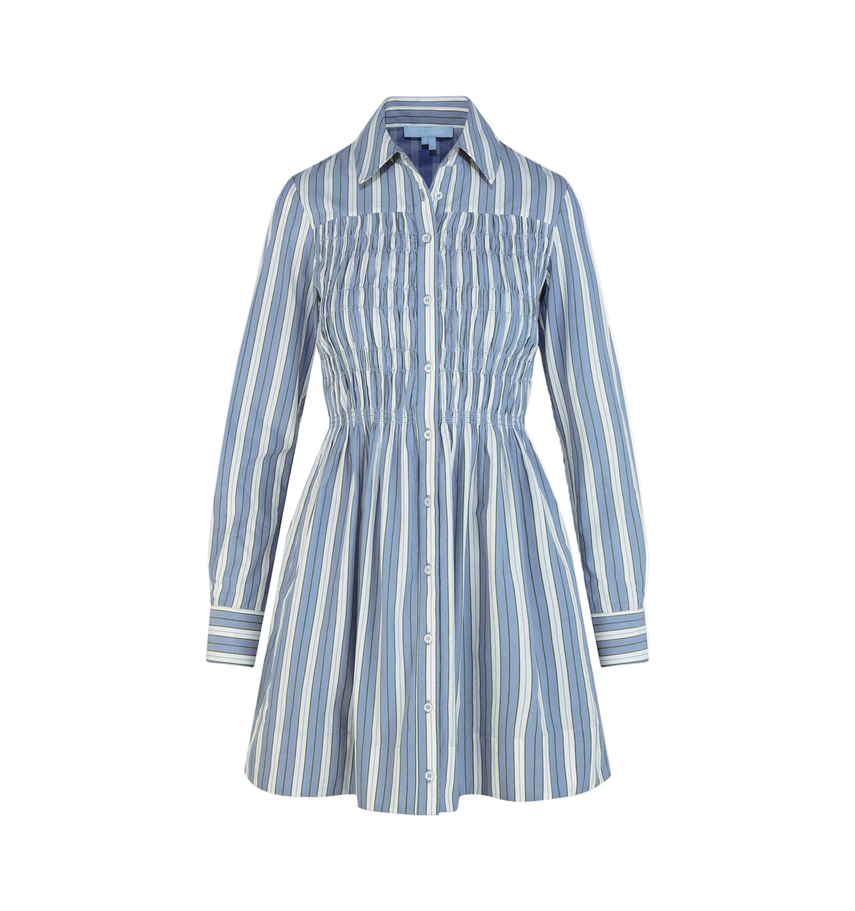 The Mira Dress in Coln Ticking Stripe Dusty Blue