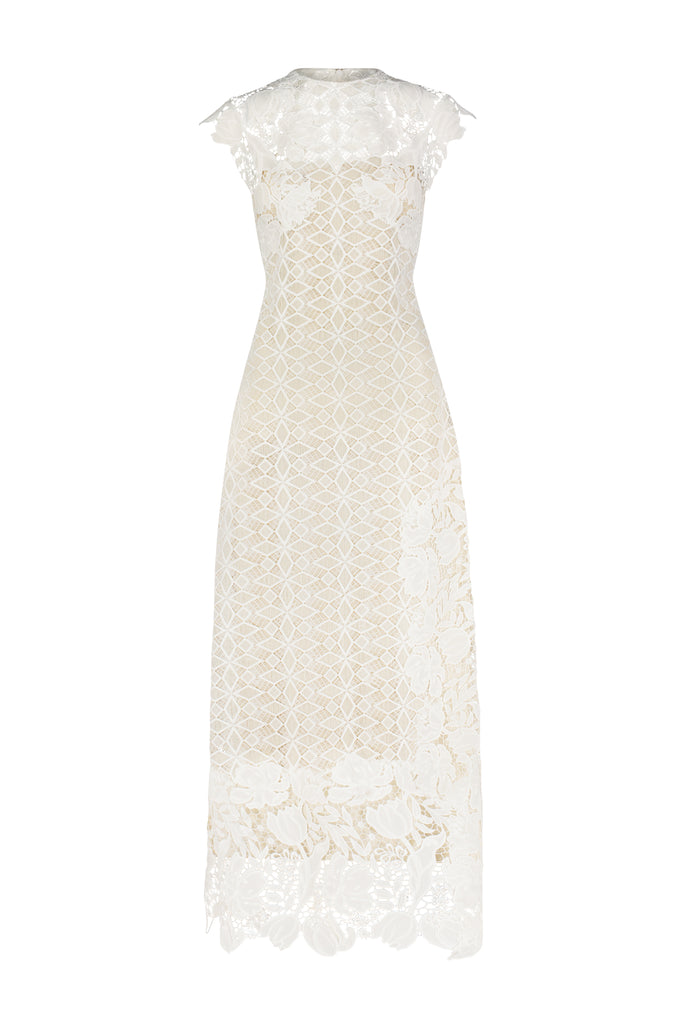 Lace Combo Sleeveless Pencil Dress in Ivory