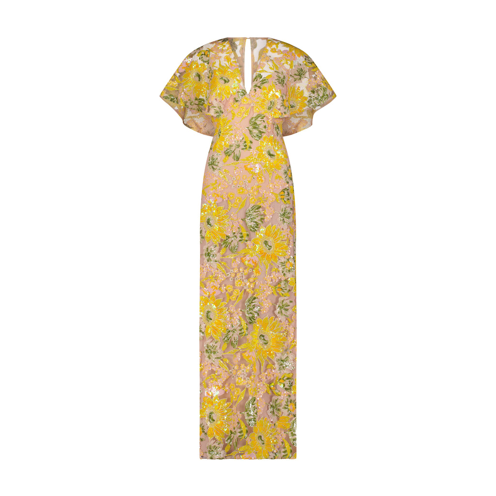Floral Sequin Tulle V-Neck Column Dress in Limoncello