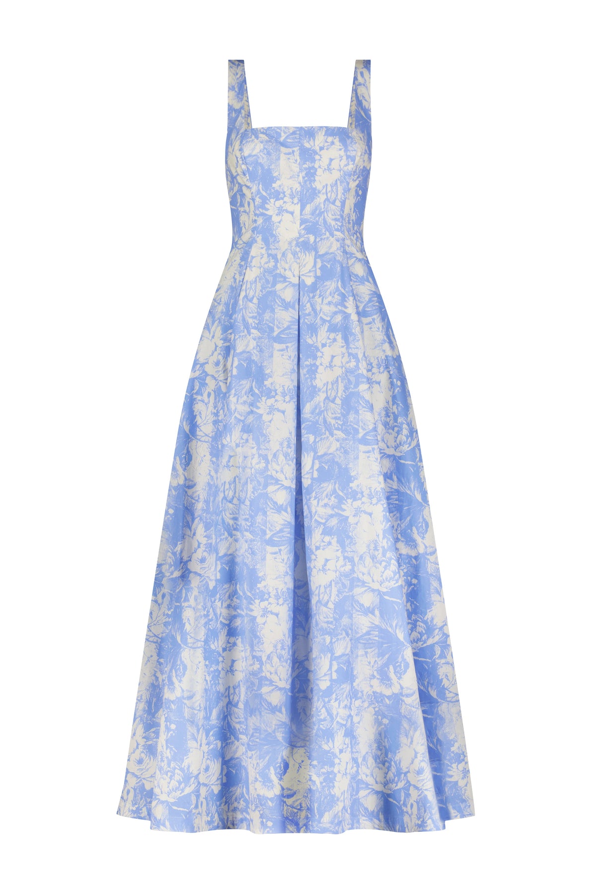 Printed Floral Poplin Stripe Square Neck Seamed Dress in Oxford & Ivory