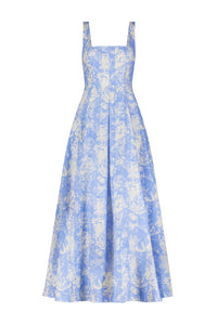 Printed Floral Poplin Stripe Square Neck Seamed Dress in Oxford & Ivory