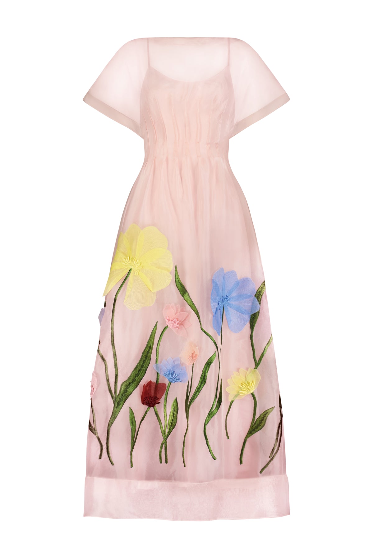 Embroidered Organza Embroidered Boat Neck Dress in Peony