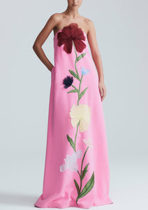 Embroidered Fluid Crepe Strapless Embroidered Gown in Peony