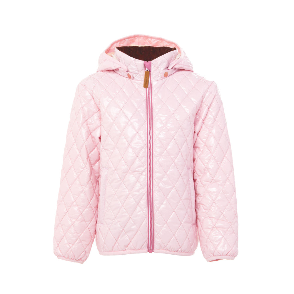 Girls and women shiny light pink puffer jacket for fall and winter, designed as a warm in-between layer with removable hood, insulated core, and water-resistant fabric