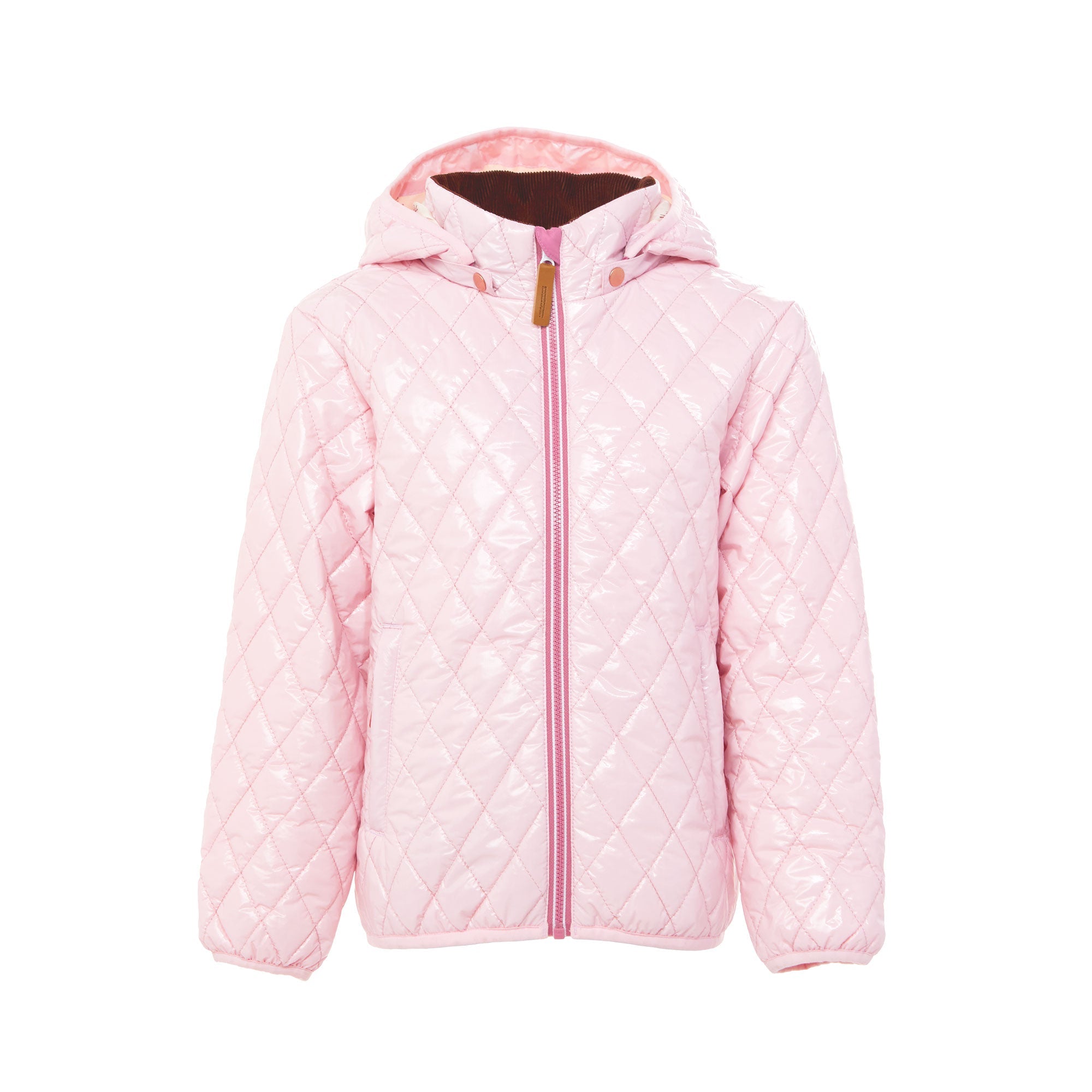 Girls and women shiny light pink puffer jacket for fall and winter, designed as a warm in-between layer with removable hood, insulated core, and water-resistant fabric