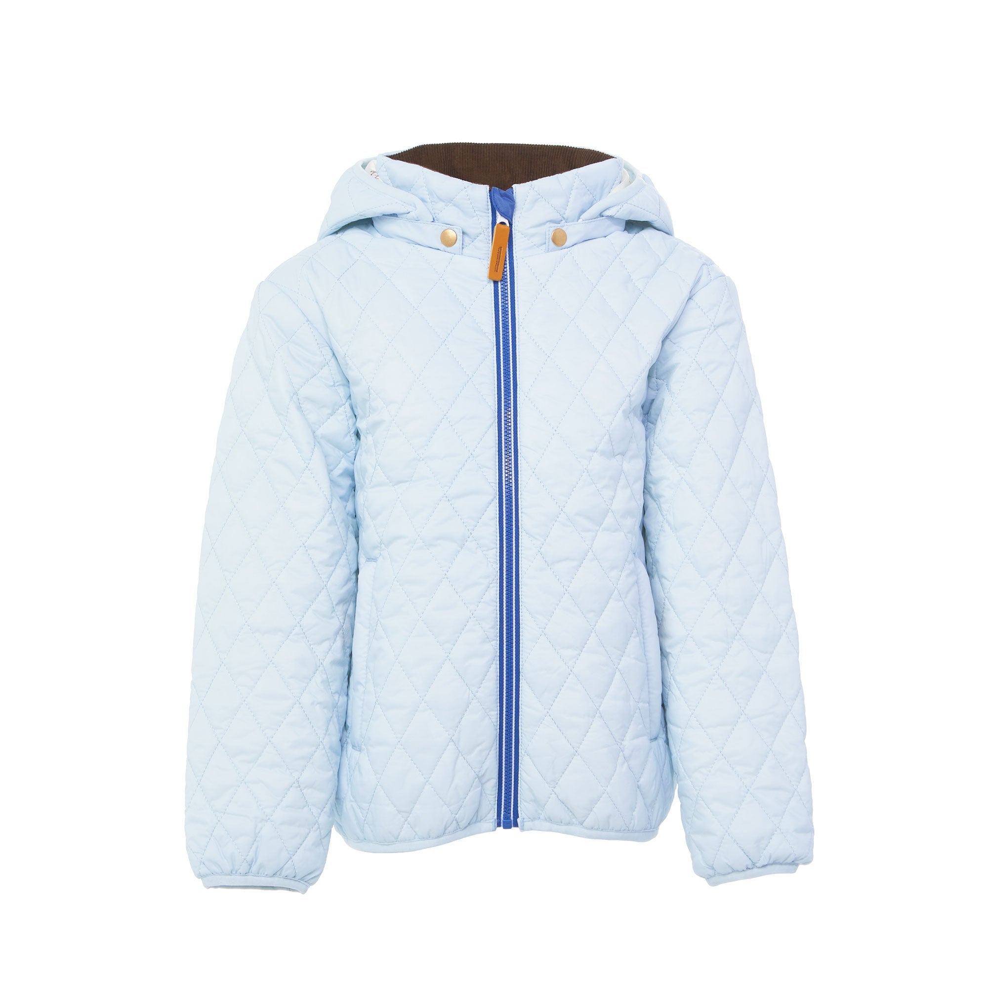 Kids and women light blue puffer jacket for fall and winter, designed as a warm in-between layer with removable hood, insulated core, and water-resistant fabric