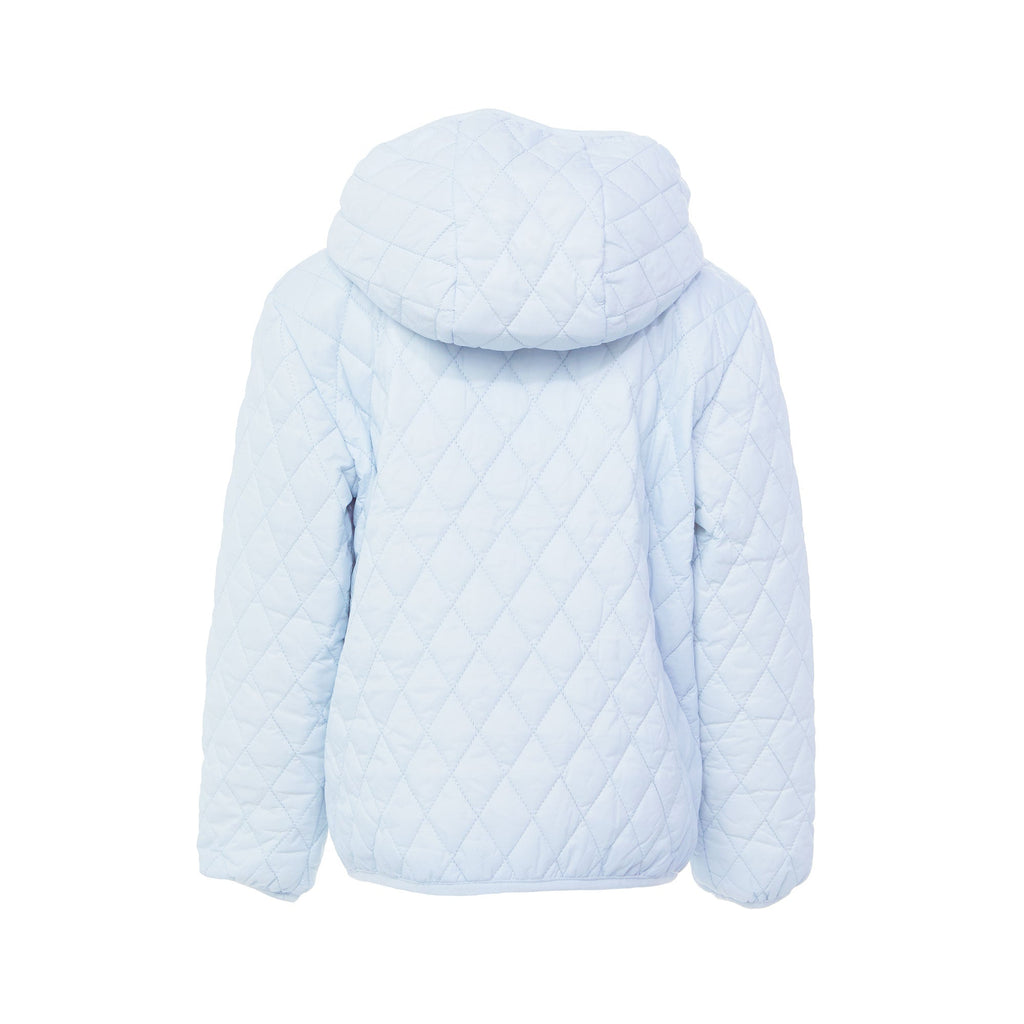 Kids and women light blue puffer jacket for fall and winter, designed as a warm in-between layer with removable hood, insulated core, and water-resistant fabric