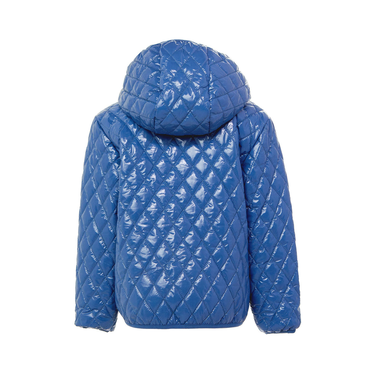 Kids and women shiny blue puffer jacket for fall and winter, designed as a warm in-between layer with removable hood, insulated core, and water-resistant fabric