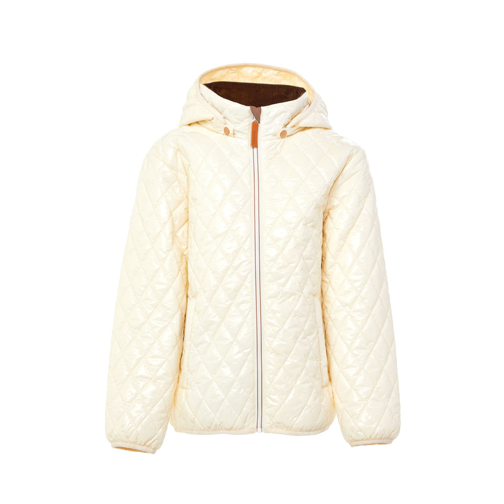 Front view of kids’ shiny white quilted puffer jacket with attached hood, full-length zipper, and brown hood lining