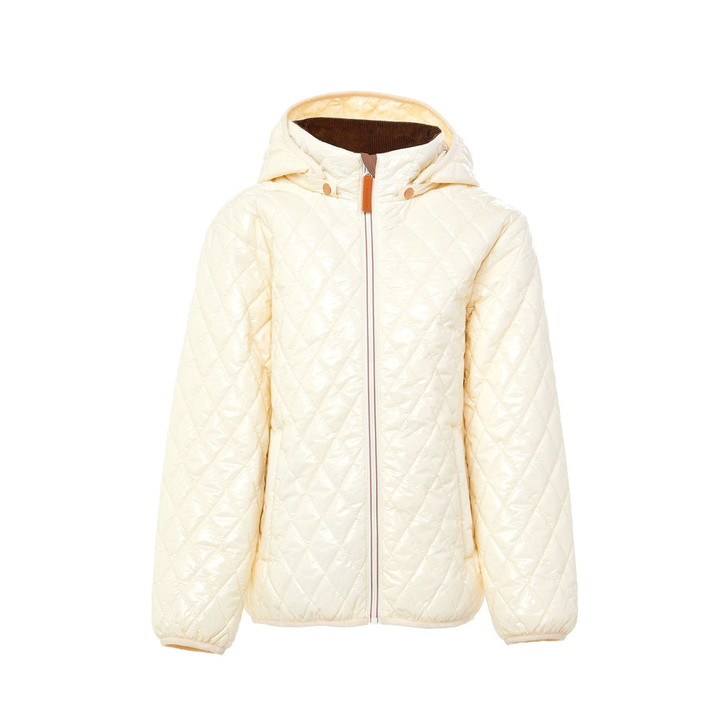 Kids and women shiny white puffer jacket for fall and winter, designed as a warm in-between layer with removable hood, insulated core, and water-resistant fabric