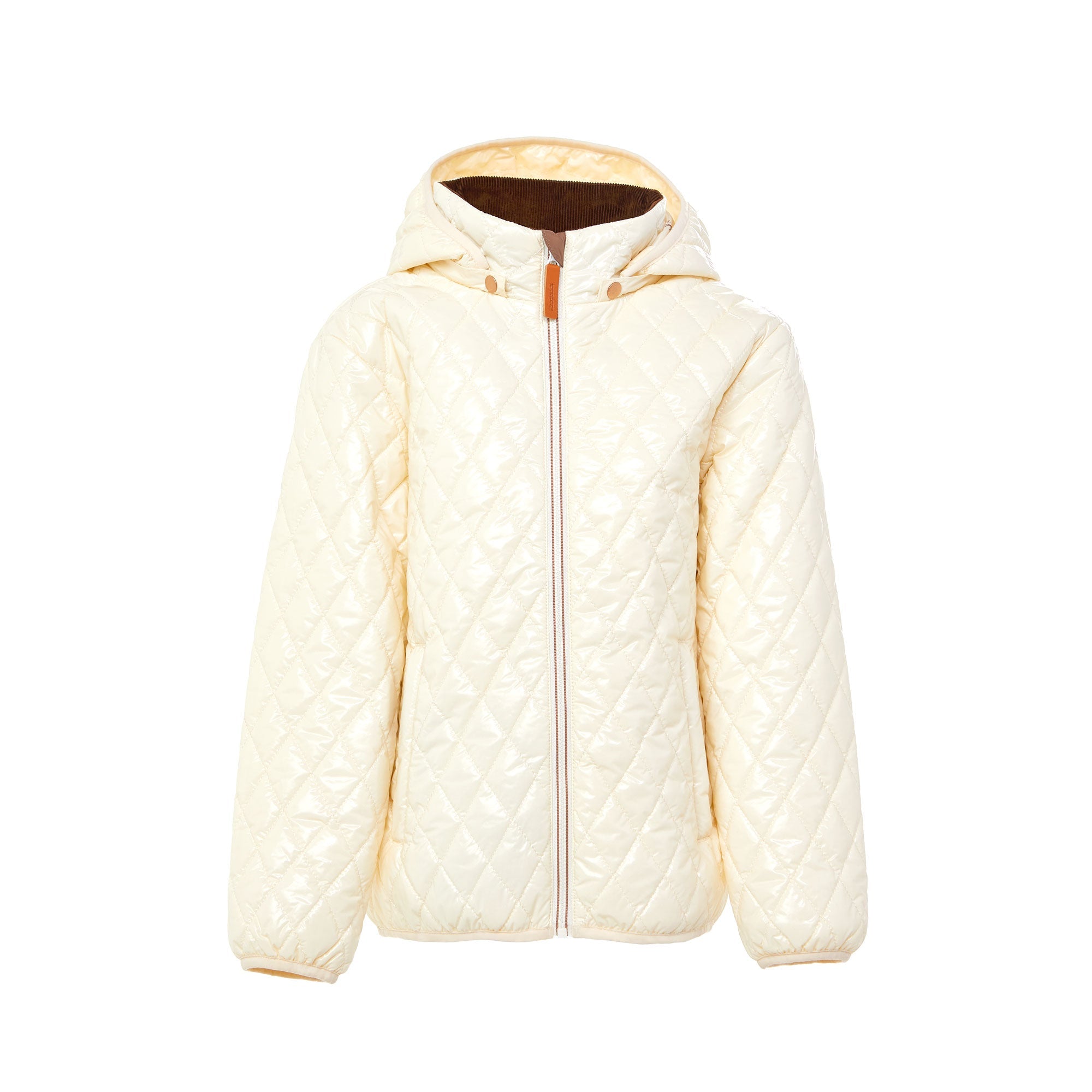 Kids and women shiny white puffer jacket for fall and winter, designed as a warm in-between layer with removable hood, insulated core, and water-resistant fabric