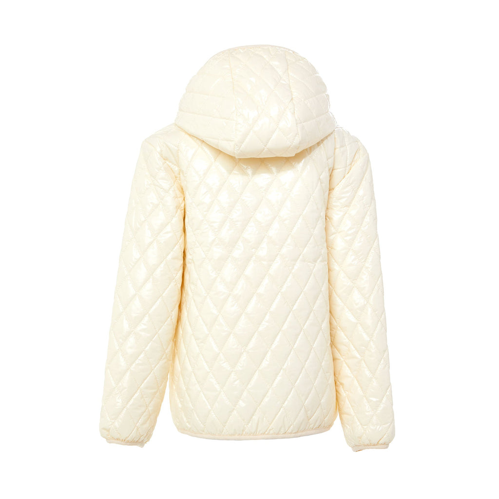Kids and women shiny white puffer jacket for fall and winter, designed as a warm in-between layer with removable hood, insulated core, and water-resistant fabric