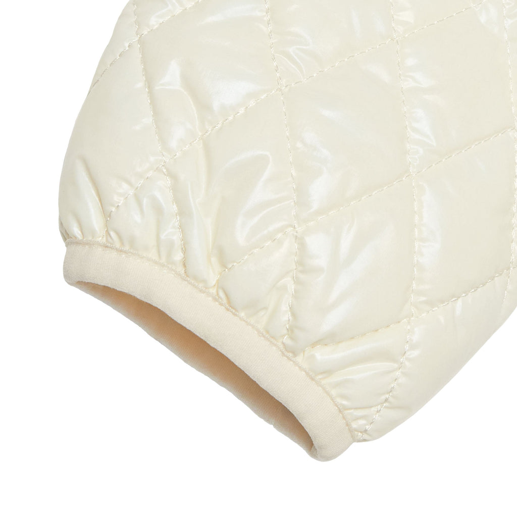Kids and women shiny white puffer jacket for fall and winter, designed as a warm in-between layer with removable hood, insulated core, and water-resistant fabric