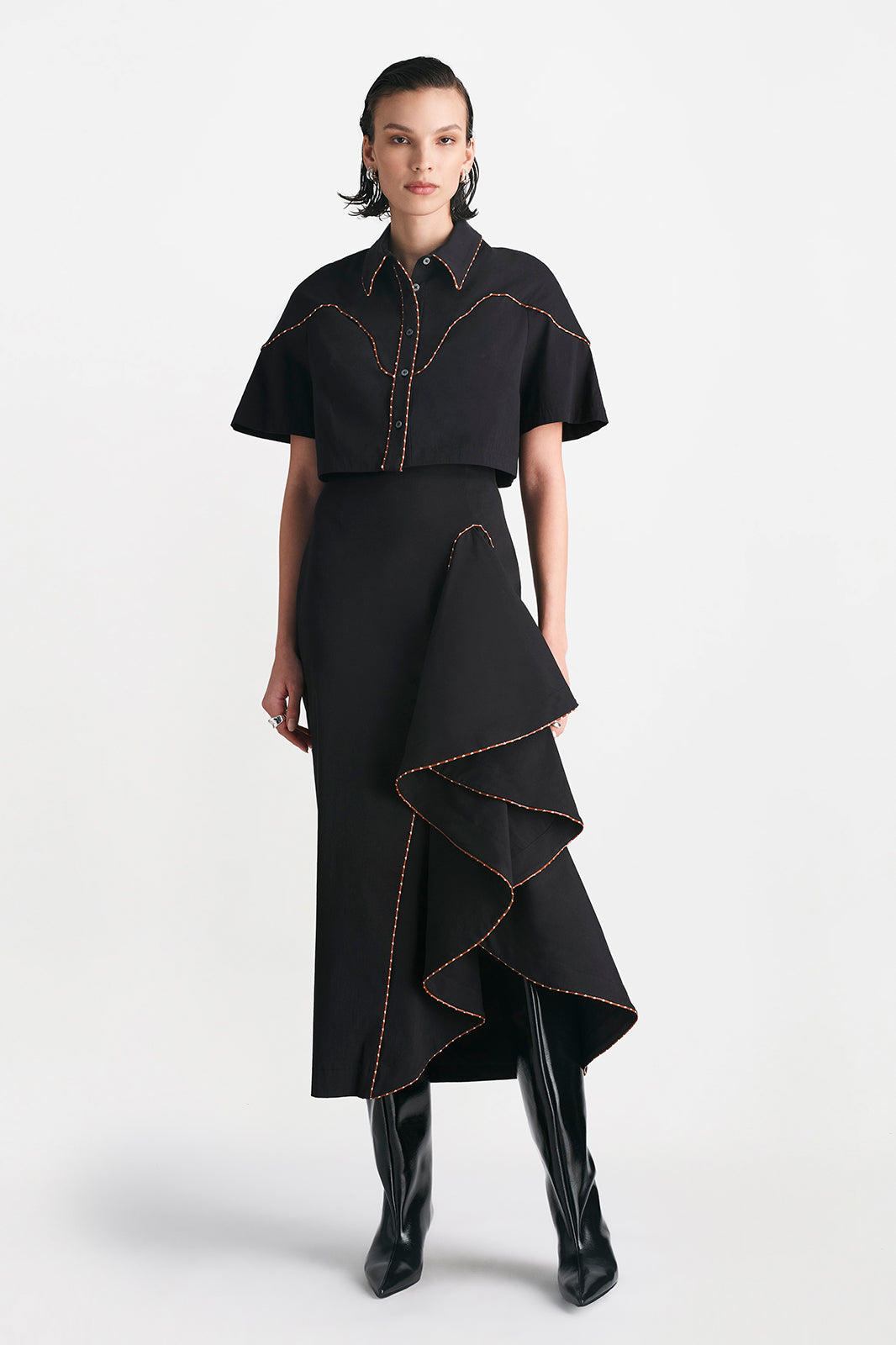 Cotton Poplin Ruffle Detail Pencil Skirt in Black