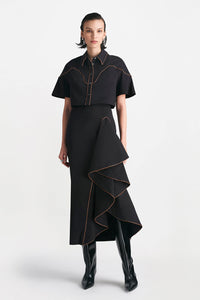 Cotton Poplin Ruffle Detail Pencil Skirt in Black