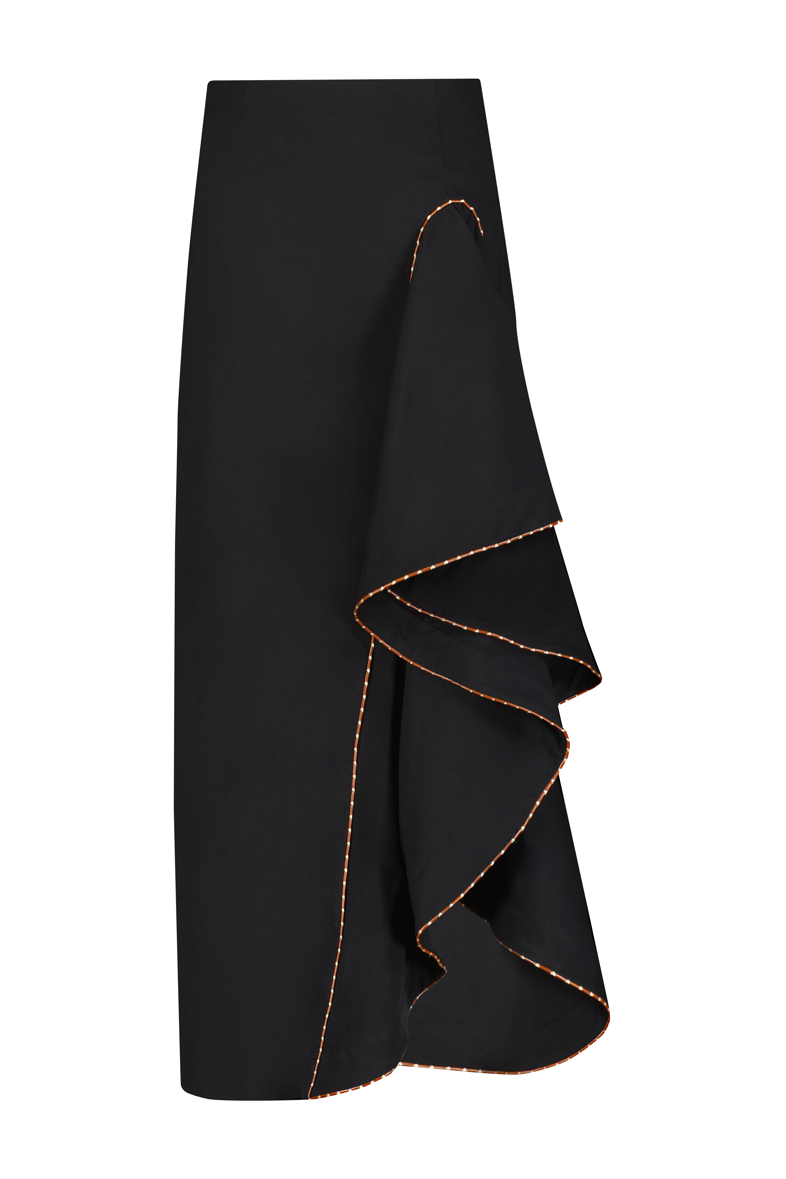 Cotton Poplin Ruffle Detail Pencil Skirt in Black